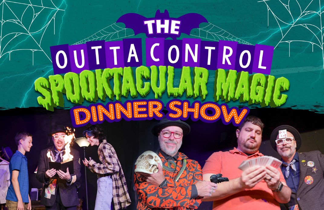 People performing a magic show at The Outta Control Spooktacular Magic Dinner Show at WonderWorks